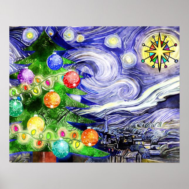 Starry Night Christmas Tree Watercolor Poster (Front)
