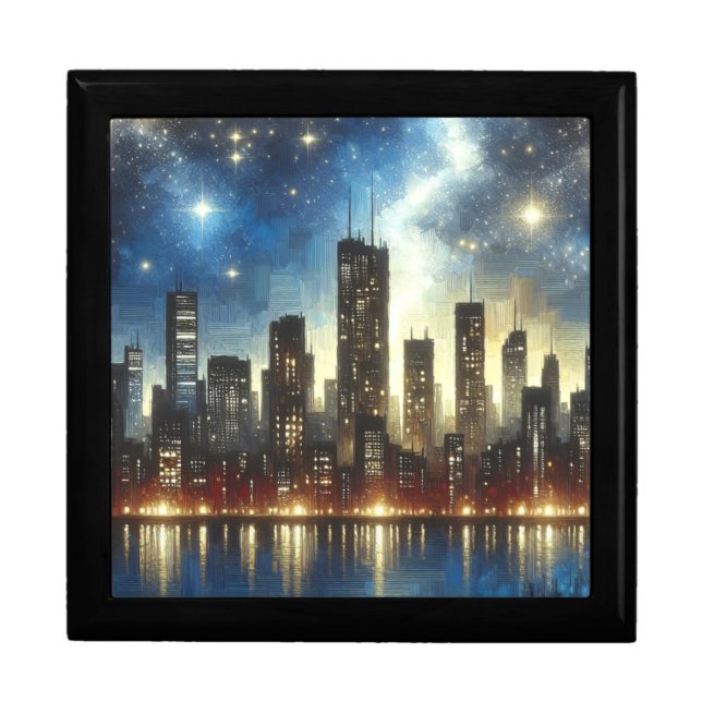 “Starry Night Cityscape Reflections” Jewelry Gift Box (Front)