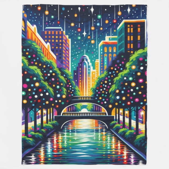 "Starry Night Cityscape: San Antonio Riverwalk" Fleece Blanket (Front)