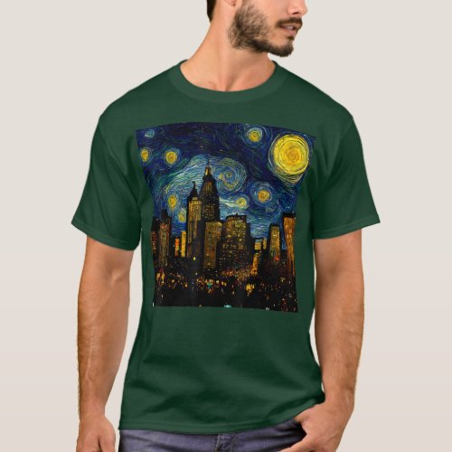 Starry Night Cityscape van Gogh Inspiration Art Mi T_Shirt