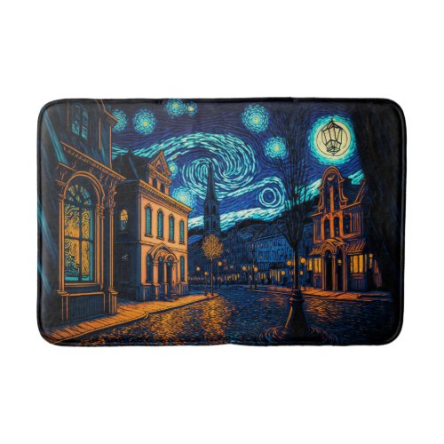 Starry Night Cityscape Van Gogh Inspired Design _ Bath Mat