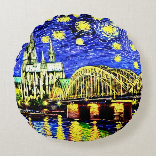 Starry Night Cologne Germany Cathedral Round Pillow (Front)