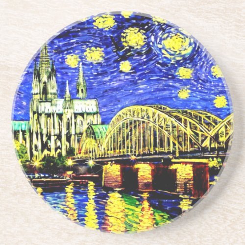 Starry Night Cologne Germany Cathedral Throw Pillo Coaster