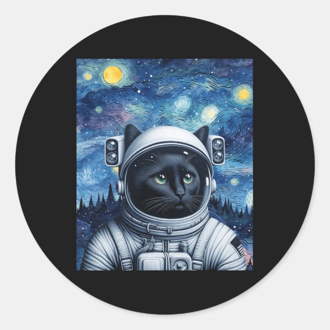 Starry Night Cosmic Cat Astronaut Art  Classic Round Sticker (Front)