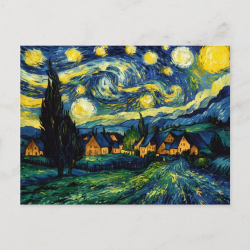 Starry Night Country Side Village Paintings Postcard