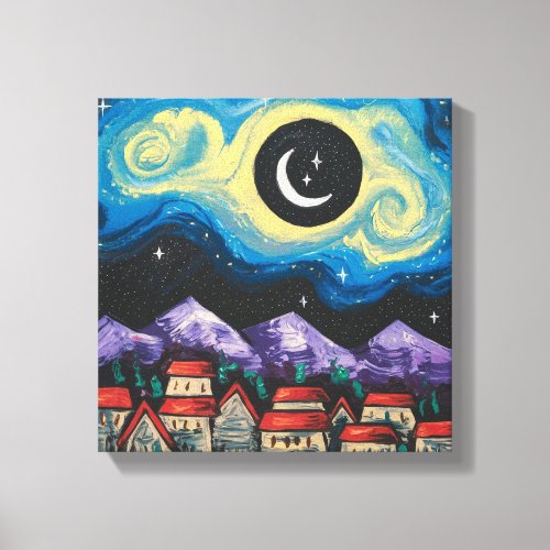 Starry Night Crescent Moon Over Village Art Print