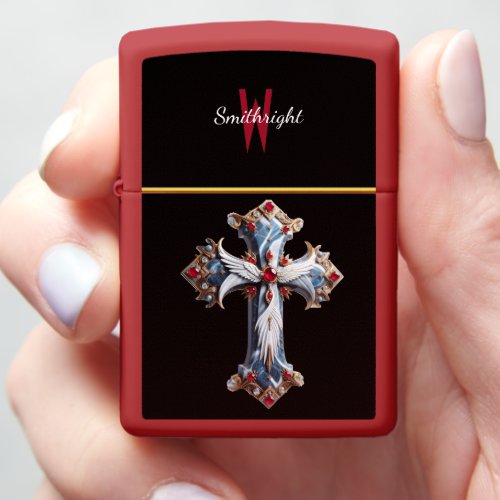 Starry Night Cross With Red and Blue Gems Zippo Lighter