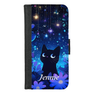Starry Night Cute Anime Black Cat iPhone 8/7 Wallet Case