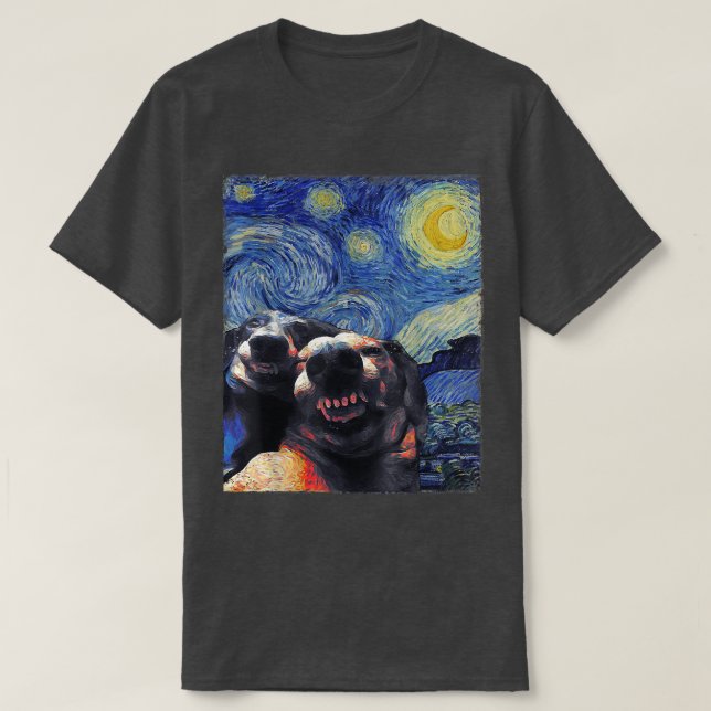 Starry Night Dachshunds Funny Dogs Van Gogh Painti T-Shirt (Design Front)