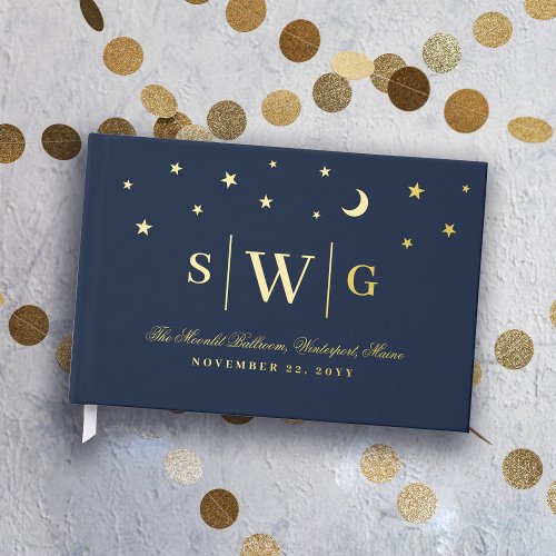 Starry Night Dark Blue  Gold Monogram Wedding Foil Guest Book