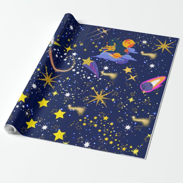 Starry Night Dark Blue Sky  Wrapping Paper (Unrolled)
