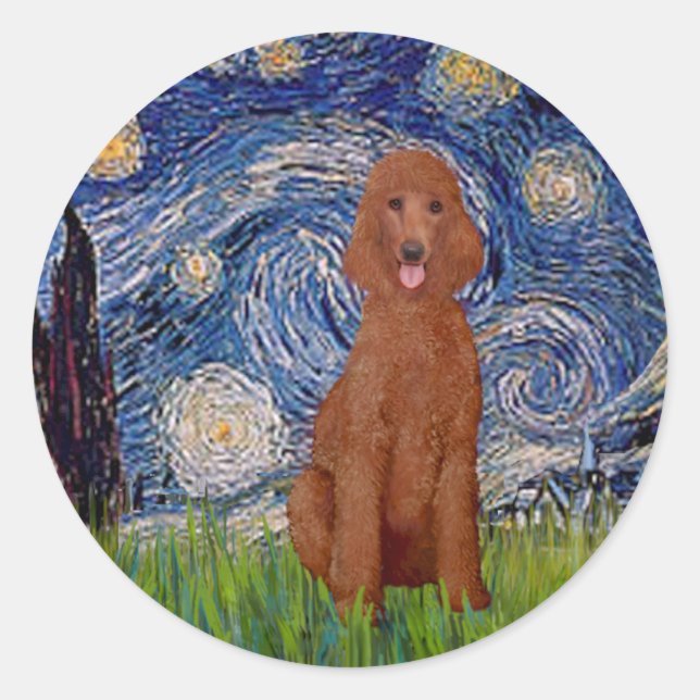 Starry Night - Dark Red Standard Poodle #1 Classic Round Sticker (Front)