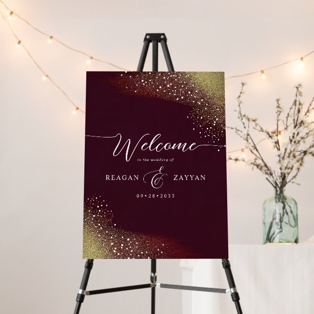Starry Night Deep Crimson Wedding Welcome Foam Board (In Situ (Stand))