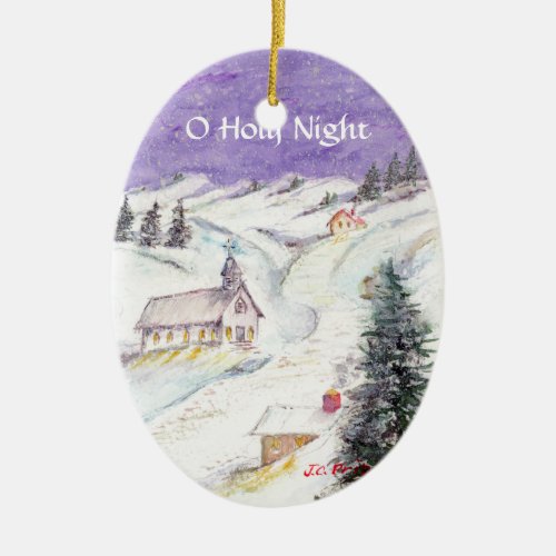 Starry Night Draped in Snow Christmas Watercolor Ceramic Ornament