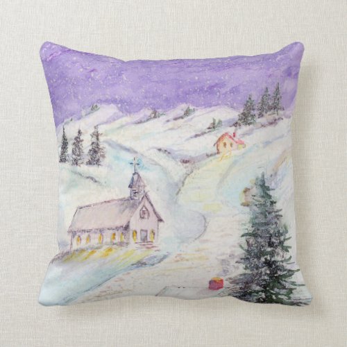 Starry Night Draped in Snow Christmas Watercolor Throw Pillow