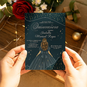Starry Night Elegant Blue Gown Quinceañera Invitation