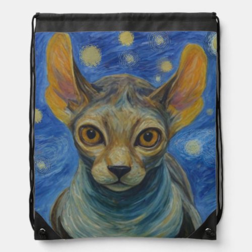 Starry Night Elf Sphinx Cat Van Gogh Art Painting Drawstring Bag