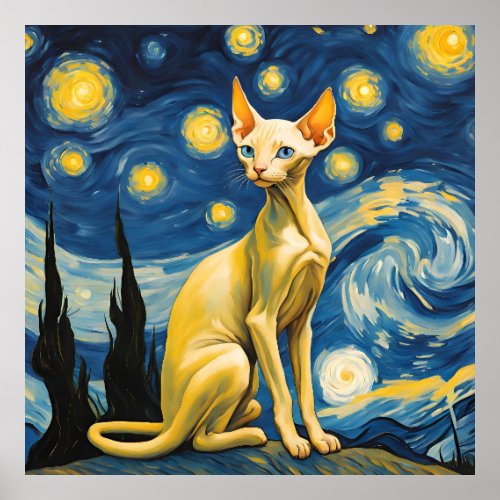 Starry Night Elf Sphinx Cat Van Gogh Art Painting Poster