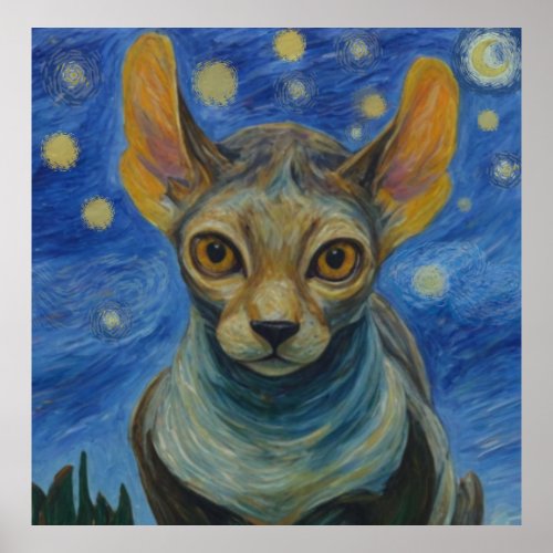 Starry Night Elf Sphinx Cat Van Gogh Art Painting Poster