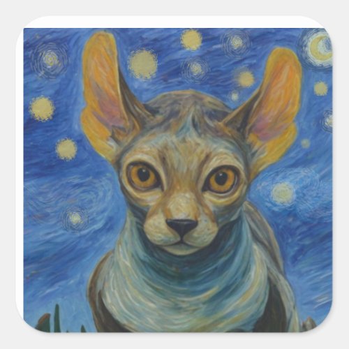 Starry Night Elf Sphinx Cat Van Gogh Art Painting Square Sticker