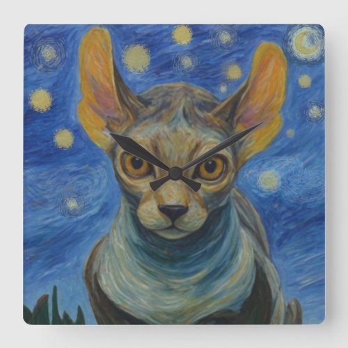 Starry Night Elf Sphinx Cat Van Gogh Art Painting Square Wall Clock