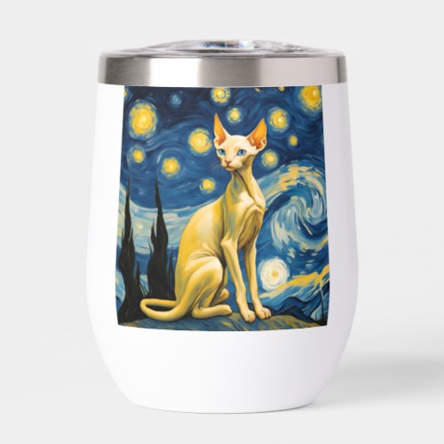 Starry Night Elf Sphinx Cat Van Gogh Art Painting Thermal Wine Tumbler