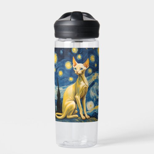 Starry Night Elf Sphinx Cat Van Gogh Art Painting Water Bottle