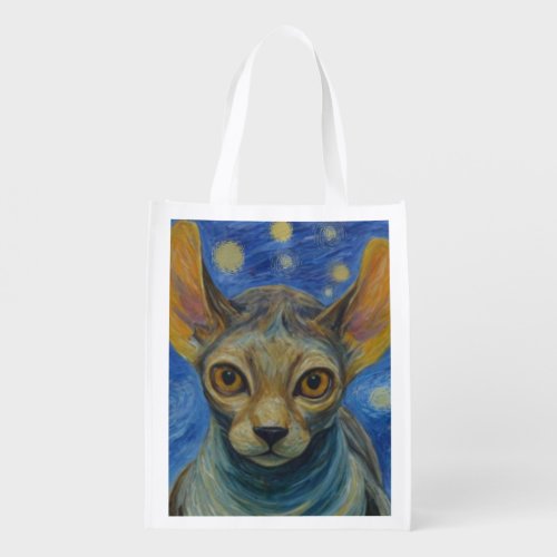 Starry Night Elf Sphinx Cat Van Gogh Reusable  Grocery Bag