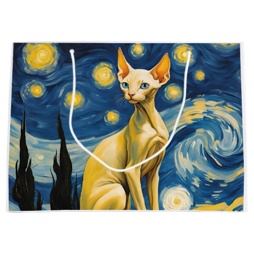 Starry Night Elf Sphynx Cat Art Party Supplies  Large Gift Bag