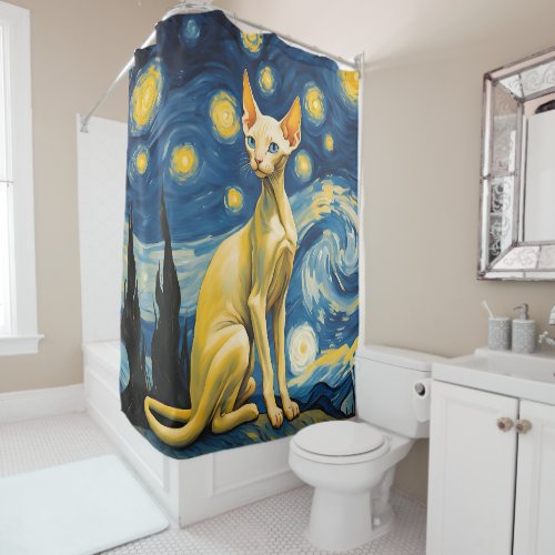 Starry Night Elf Sphynx Cat Shower Curtain Decor