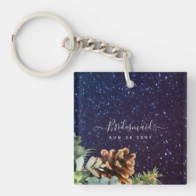 Starry Night Eucalyptus Blue Thistle WinterWedding Keychain (Front)