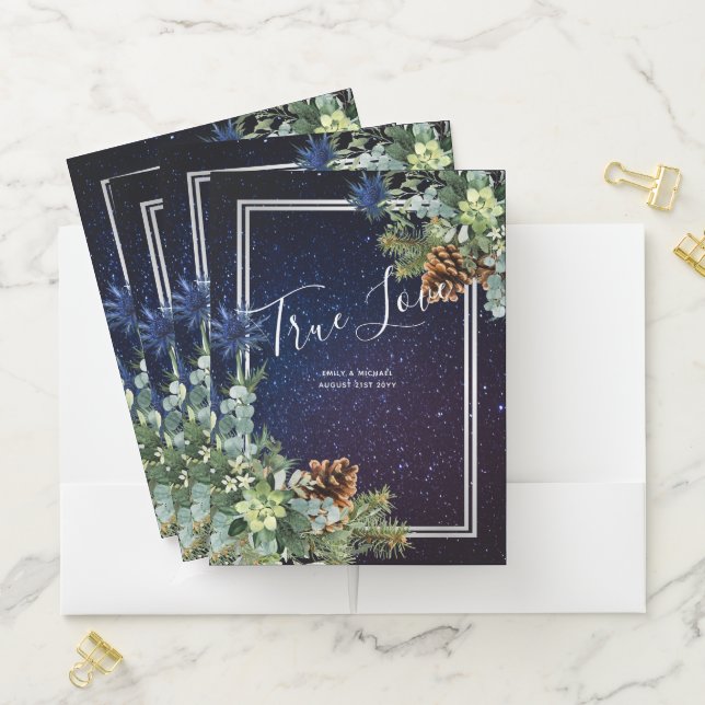 Starry Night Eucalyptus Blue Thistle WinterWedding Pocket Folder (In Situ)