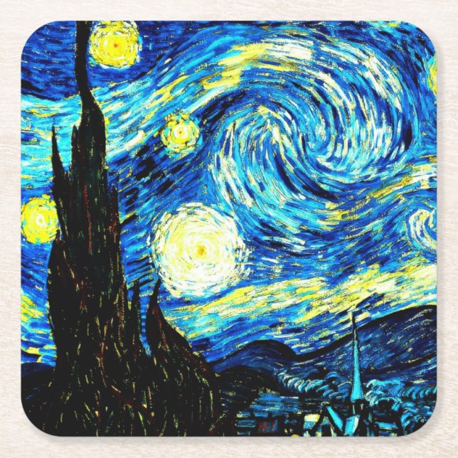 Starry Night, famous painting by Vincent van Gogh, Square Paper Coaster (Front)