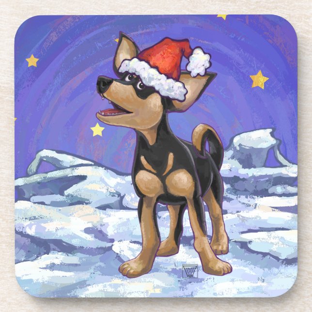 Starry Night Festive Chihuhua in Santa Hat Beverage Coaster (Front)