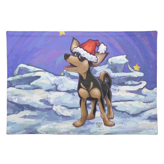 Starry Night Festive Chihuhua in Santa Hat Cloth Placemat (Front)