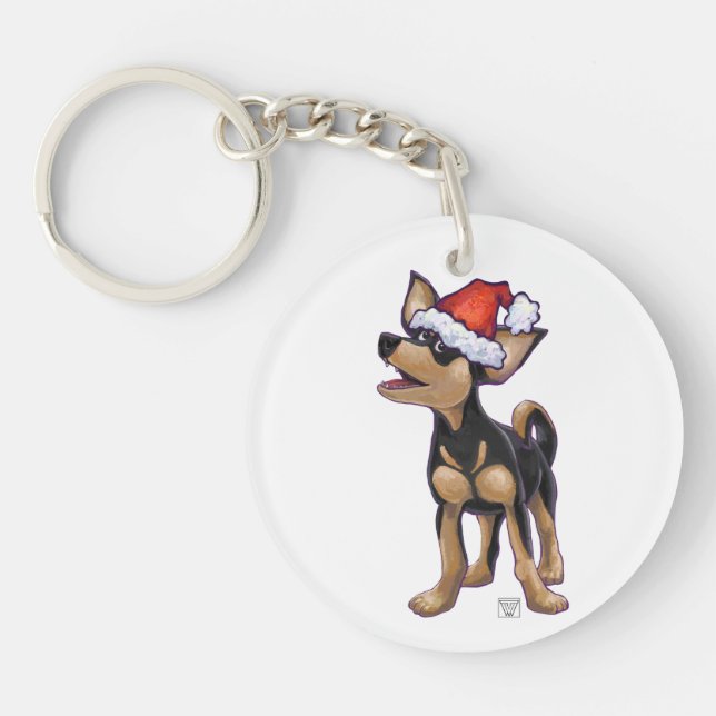 Starry Night Festive Chihuhua in Santa Hat Keychain (Front)