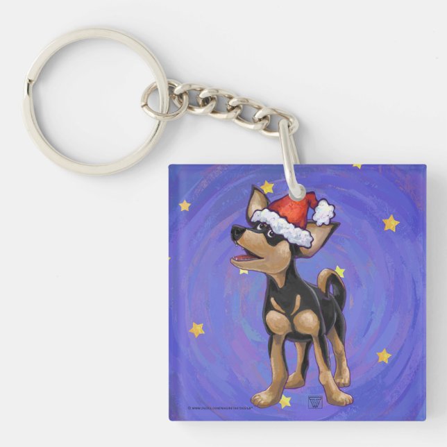 Starry Night Festive Chihuhua in Santa Hat Keychain (Front)