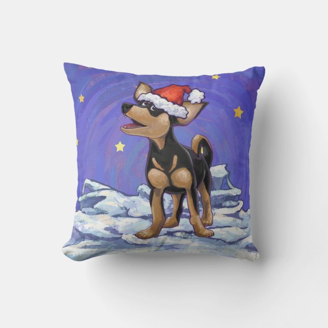 Starry Night Festive Chihuhua in Santa Hat Throw Pillow (Front)