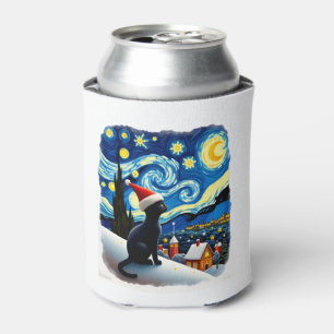 Starry Night Festive Christmas Black Cat Santa Hat Can Cooler