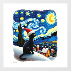 Starry Night Festive Christmas Black Cat Santa Hat Floor Decals