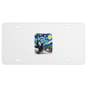 Starry Night Festive Christmas Black Cat Santa Hat License Plate