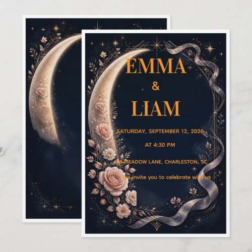 Starry Night Floral Moon Bohemian Wedding Invitation