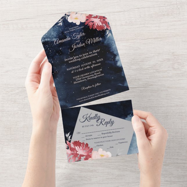 Starry Night Floral Wedding All In One Invitation (Tearaway)