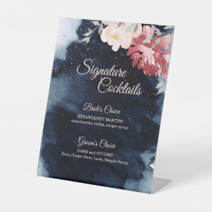 Starry Night Floral Wedding Cocktail Menu Pedestal Sign