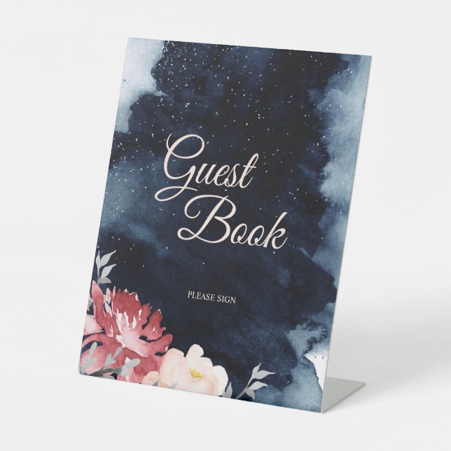 Starry Night Floral Wedding Guest Book Pedestal Sign (Front)