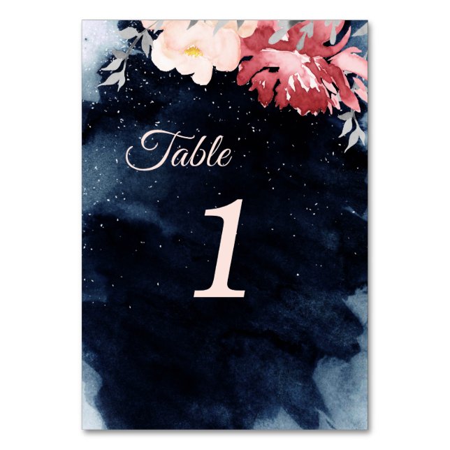 Starry Night Floral Wedding Table Numbers Sign (Front)