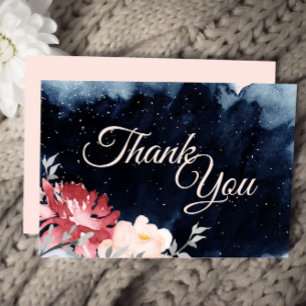 Starry Night Floral Wedding Thank You Flat Card