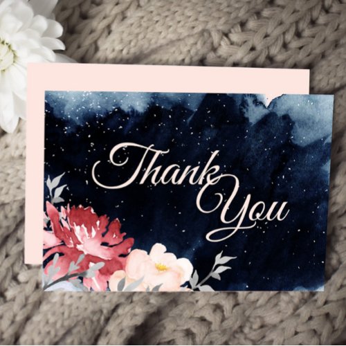 Starry Night Floral Wedding Thank You Flat Card