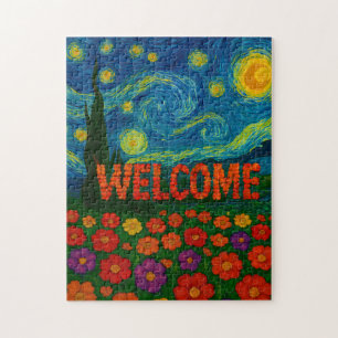Starry Night Floral Welcome Artistic Design Jigsaw Puzzle