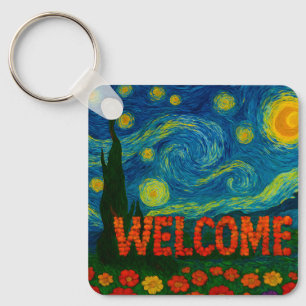 Starry Night Floral Welcome Artistic Design Keychain